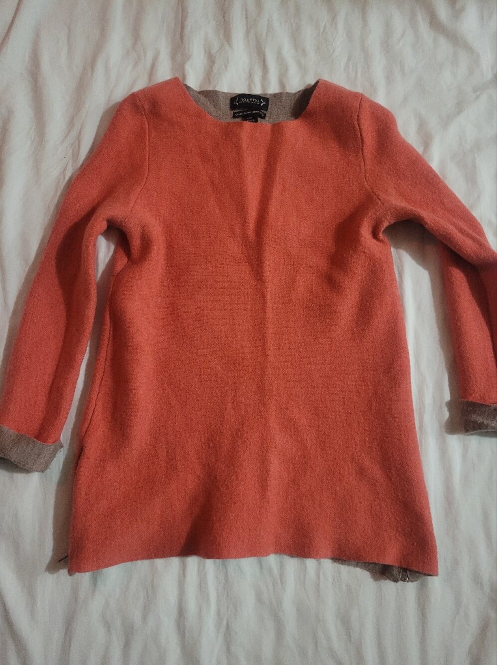 Nannette Coral-Orange Crewneck Sweater with Taupe Accents